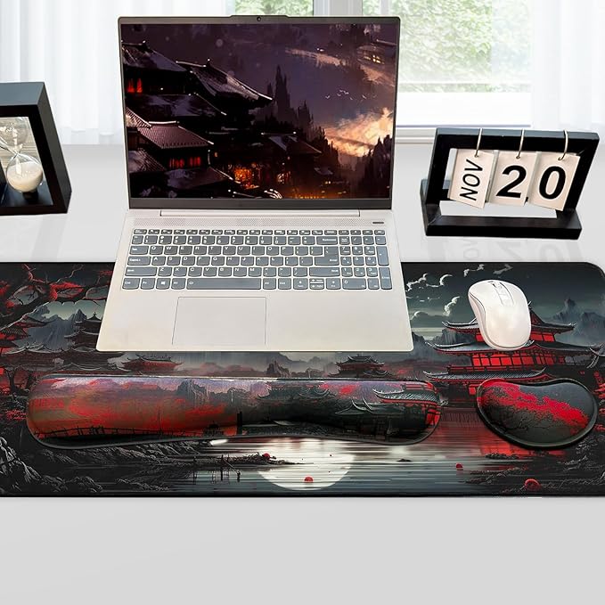 FreeNook 3-in-1 Large Gaming Mouse Pad, Anime Mouse Pad & Keyboard Wrist Rest Support, Japanese Desk Mat Set for Home Office Study Game, 31.5 X 11.8 Inch