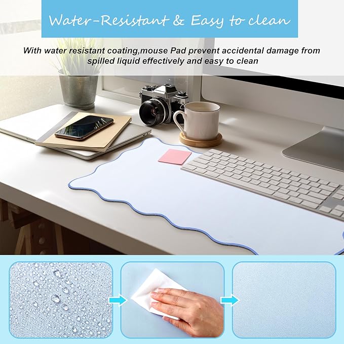 Hahafelt Scalloped Desk Mat Large Desk Pad Cute Coquette Table Mat Aesthetic Preppy Table Make up Pad Nonslip 2026 Graduation Gift with Stitching Waterproof Gaming(Blue,23.6 x 13.8 Inches)