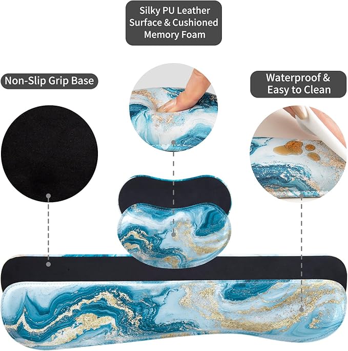 QIYI Leather Desk Mat Set, 4-in-1 Large Mouse Pad with Wrist Rest, Non-Slip Desk Pad + Keyboard Wrist Rest + Mouse Wrist Support + Coaster, Office Desk Accessories Home Decor Supplies, Blue Fluid Art