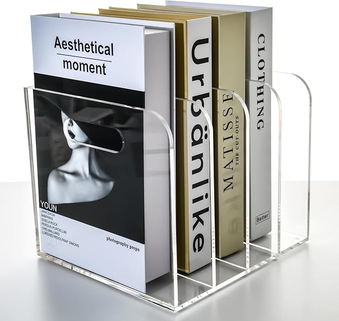 Acrylic File Holder for Desk - 4 Slot Vertical Magazine Organizer & Bookend - Clear Document Sorter Rack for Folders, Binders, Notebooks & Reports - Non-Slip Office Desktop Storage Sorter
