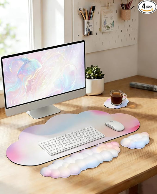 JIKIOU Large Cloud Mouse Pad Waterproof with Cloud Keyboard Wrist Pad and Cloud Mouse Wrist Pad Set, Ergonomic Computer Desk Wrist Support Mousepad for Keyboard and Mouse 35.4x15.7in Rainbow