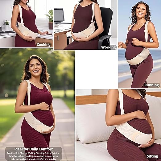Maternity Belly Band with Back Support – Over-the-Shoulder Pregnancy Support Belt with Lumbar Support, Breathable Mesh Design, Strong Adjustable Hook & Loop Straps, No Digging Comfort for All-Day Wear (Beige, Large（154-187LB）)