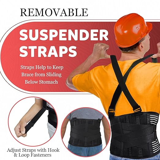 Work Back Brace with Removable Suspender Straps, Lumbar Posture Corrector for Heavy Lifting Safety Protector, Back Support Belt for Men Women in Moving, Construction and Warehouse Jobs Large