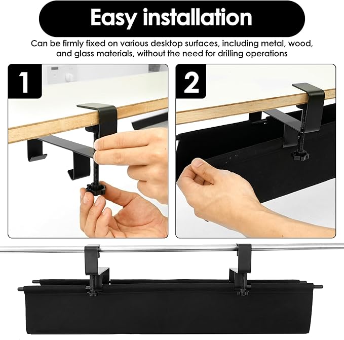 No Drill Under Desk Cable Management Tray, Under Table Wire Organizer with 2 Hook Versatile Clamp Mount Cable Basket to Hide Cords, Cord Holder Tray, Cord Tidy Basket for Home Office Study Use