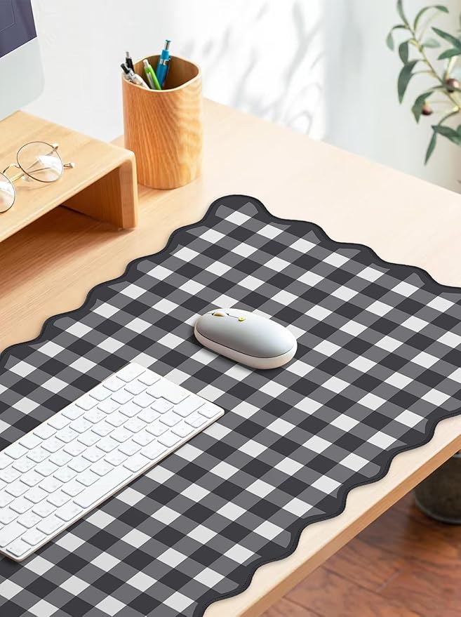 Scalloped‌ Black Desk Mat Checkered Gingham Cute XXL Large Gaming Mouse Pad Kawaii Vintage‌ Cottagecore Keyboard Computer Mat for Desktop Aesthetic Desk Pad Accessories Decor for Women