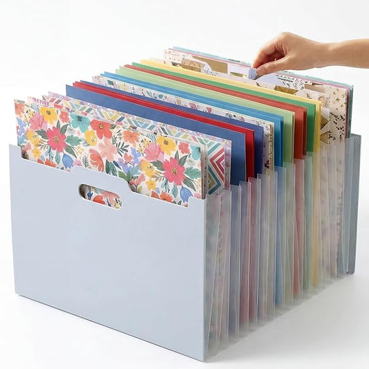 12x12 Scrapbook Paper Storage Organizer, Expandable 13 Pocket Desktop Paper Organizer Storage for Scrapbook Essentials, Large Scrapbook Storage for Photos, Washi Tape, Sticker (Blue)