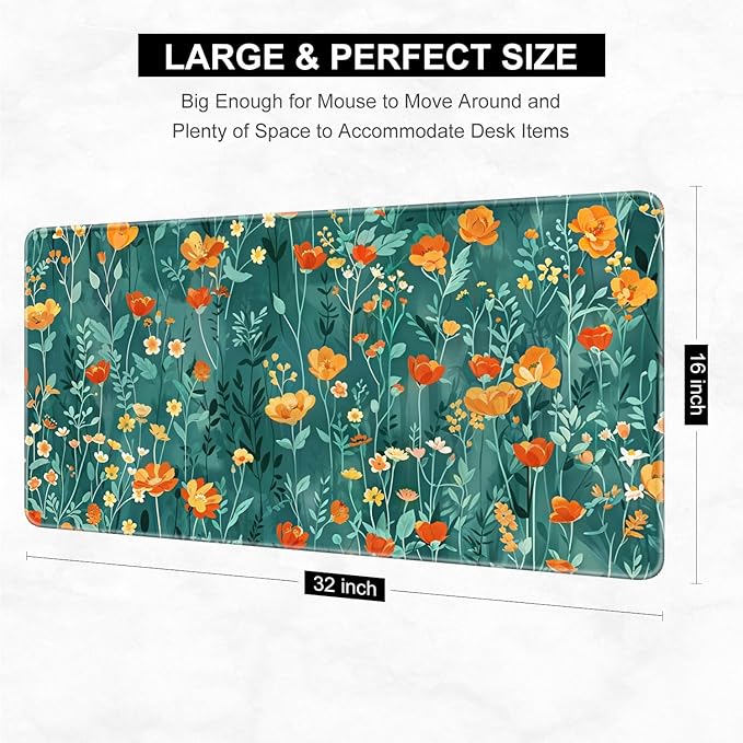 Desk Pad, 32" x 16" XXXL Extended Large Gaming Mouse Pad, Desktop Decor Desk Mat, Men Women Office Supplies and Accessories, Cute Anime Mouse Mat for Laptop & Keyboard, Colorful Flowers
