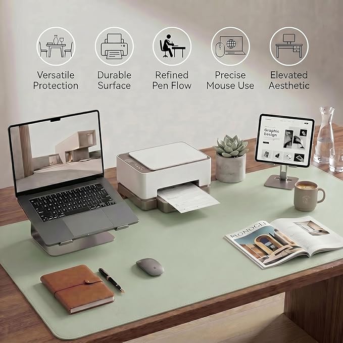 Large Desk Pad Non-Slip Desk Mat Protector for Keyboard Mouse Waterproof Vegan Leather Surface Faux Leather Laptop Mat Smooth Mouse Pad Premium Gift Tube Matcha Green 47" x 23"