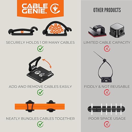[Made in the UK] 10-Pack Adjustable Elastic Self-Adhesive Cable Tidy Clips, Cable Management Organiser for Office, Home, Under Desk, Behind TV, Charging Phone, Laptop, PC, HDMI, USB (BLACK)