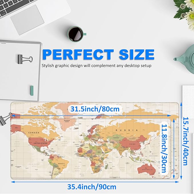 Desk Mat, Yellow Vintage World Map Extended Gaming Mouse Pad Large, 35.4"x15.7" Big Mouse Pad with Non-Slip Base and Stitched Edge, Long Computer Keyboard Mouse Mat for Home Office Work