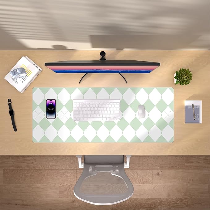 Checkered Desk Mat with PU Leather, 35.4" x 15.7" Non-Slip Large Mouse Pad for Desk, Easy Clean Desk Mat for Keyboard and Mouse, Leather Desk Pad for Office/Home/Decor (Light Green)