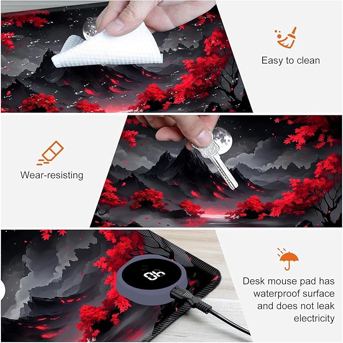 Heated Mouse Pad,Warm Desk Pad with 3 Levels Heating & 3 Hours Auto Shut-Off, PU Leather Heated Desk Pad Warmer Pad for Home Office - 31.5 x 13 inch,Red Tree Moon