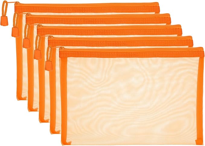 PATIKIL A5 Mesh Zipper Pouch Bags, 5 PCS Mesh Bags with Zipper Plastic Storage Pocket for Organizing File Beads Office Home Supplies, 18x25cm, Orange