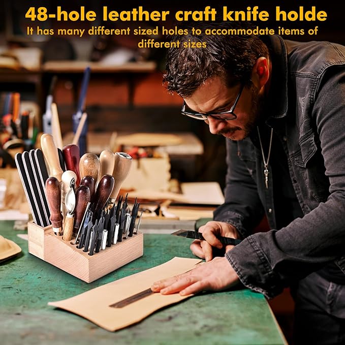 Leather Tool Holder, 48 Holes Wooden Leather Craft Tool Stand with 2 Slots, Solid Beech Rack Stand Organizer, Storage Case for Leathercraft Punch & Styling Tools