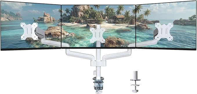 WALI Triple Monitor Mount for 13-32 inch Screens, Adjustable 3 Monitor Desk Mount with Swivel, Tilt, Clamp & Grommet Kit, Triple Monitor Stand for Desk, VESA 75x75/100x100mm (GSDM003W), White