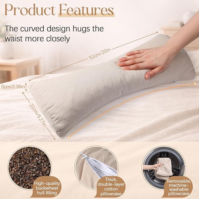 Weysat Buckwheat Lumbar Support Pillow for Bed Sleeping, Ergonomic Curved Neck Waist Pillow for Lower Back Pain Relief, Natural Sweet Buckwheat Hull Filling, Dual Cotton Zippered, 20.1” x 8.7” x 2”