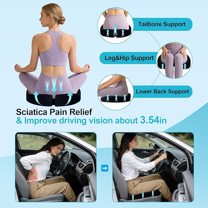 Car Seat Cushion - Premium Gel & Memory Foam Office Chair Cushions for Back,Sciatica,Coccyx,Tailbone Pain Relief, Driver Pillow for Auto, Gaming,Desk, Wheelchair,Truck (Black)