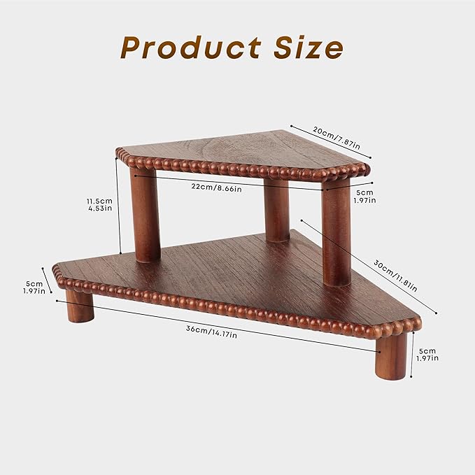 2-Tier Rustic Corner Shelf for Kitchen Counter,Wood Beaded Farmhouse Countertop Organizer with Removable Feet, Stackable Bathroom Vanity & Coffee Bar Decorative Riser Stand(Rustic Walnut)