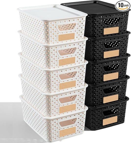 10 Pack Small Plastic Storage Bins with Lids, Stackable Plastic Storage Baskets for Organizing with Handles, Organizer Bins with Labels for Room, Craft, Containers for Pantry Organizers and Storage