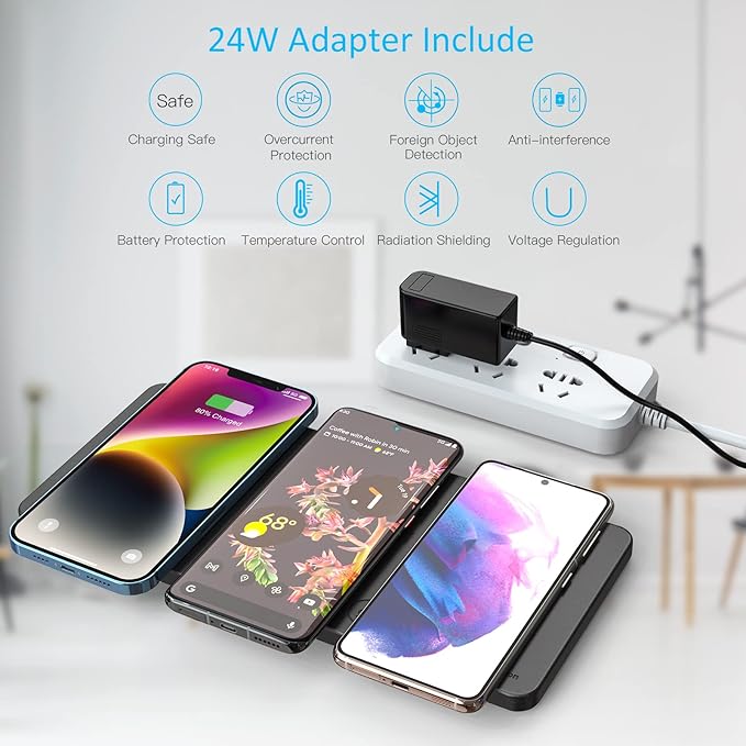 ZealSound Wireless Charging Pad, 3 in 1 Charger Mat for iPhone, Samsung Galaxy, Pixel, AirPods & Galaxy Buds, 24W Adapter Included, Ultra Slim, Case Friendly, PU Leather, for Home Office & Travel
