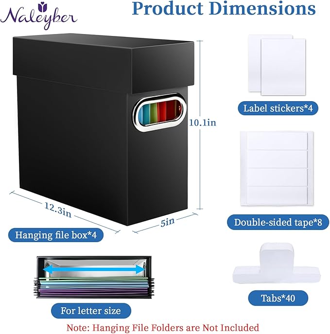 File Organizer Box with Lid & Handle, Heavy Duty Hanging File Folder Storage Boxes for Letter Size, Portable Filing Organizer for Office, Home, Classroom, Black 4 Pack