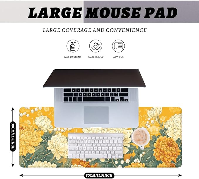 Flower Gaming Mouse Pad Autumn Chrysanthemum Yellow Vintage Floral Mousepad XL Large Gaming Mouse Pad Laptop Keyboard Mat Desk Pad 31.5"x11.8"