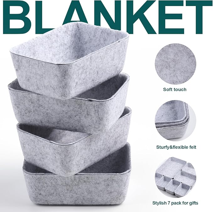 Desk Drawer Organizer,7 Pack Felt Drawer Organizer Shallow Drawer Organizers Felt Storage Bins (Light Gray)