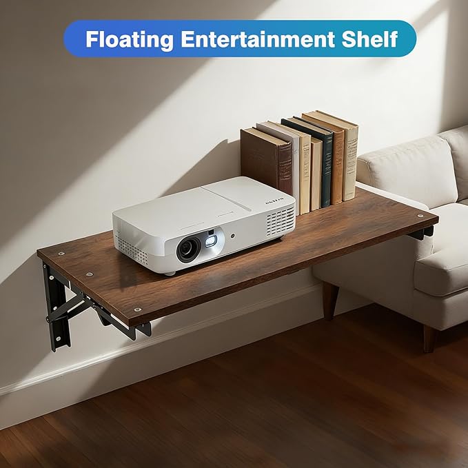 Folding Shelf Wall Mounted for Small Space, Wooden Wall Table for Living Room Bedroom Decor, Office Floating Fold Down Desk, Media Shelves with Heavy-Duty Brackets Holds Up to 80lbs, 21.7Inches