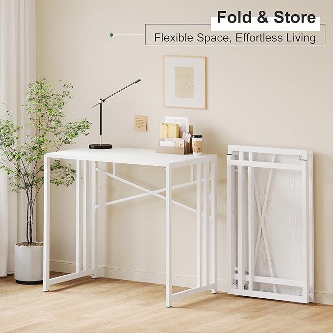Lutown-Teen Small Folding Desk 35 inch, No Assembly Required Narrow Office Desk, Writing Gaming Computer Camping Table, White