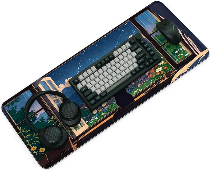 Black Cat Perched on a Windowsill Gaming Mouse Pad with Non-Slip Rubber Base, Large Kawaii Anime Mousepad with Stitched Edges, Long Keyboard Mat for Laptop and Mouse, 31.5 x 11.8 inches