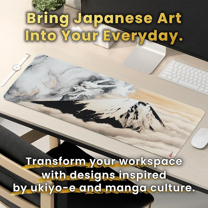 BELLEMOND Japanese Art Desk Mat | Large 31.5x11.8in Anime Mouse Pad for Keyboard & Mouse | Non-Slip Base, Water-Repellent | Original Japanese Design | Guardian of Fuji