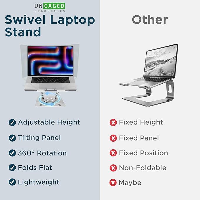 Uncaged Ergonomics Swivel Laptop Stand for Desk, Adjustable Computer iPad Stand for Desk w/ 360 Rotation, Portable Laptop Holder for Home Office Ergonomic Supplies (Silver)