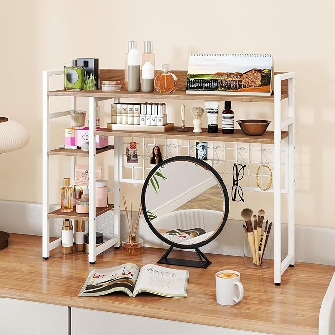 COSTWAY Desktop Bookshelf for Monitors up to 32", 37" x 10" Countertop Organizer with 4 Open Shelves, Grid Panel with 6 Hooks, Anti-Tip Safety Kit, and Adjustable Feet for Home Office (White)