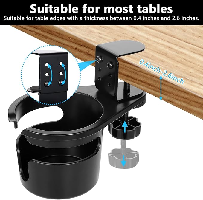 FMOACEN 3-Stage Adjustable Desk Cup Holder Clamp, 360° Rotating Anti-Spill Tray for Water Bottles & Mugs, Heavy-Duty Under Desk Organizer for Office, PC Gaming & School, Black