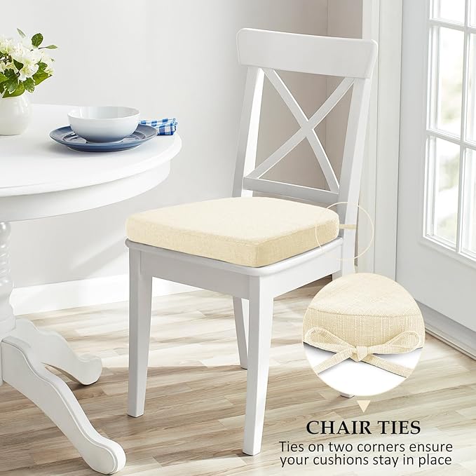 Wellsin Chair Cushions for Dining Chairs 6 Pack - Kitchen Chair Cushions with Ties and Non-Slip Backing - Dining Chair Pads 16"X16"X2", Beige