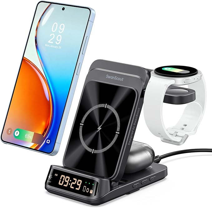 SwanScout 3-in-1 Wireless Charging Station for Samsung S26 Ultra/S26/S25/S24/S23/Z Flip7, Foldable Wireless Charger for Galaxy Watch 8 Classic/8/Ultra/7/FE/6/5, SwanScout 708S (No Adapter)