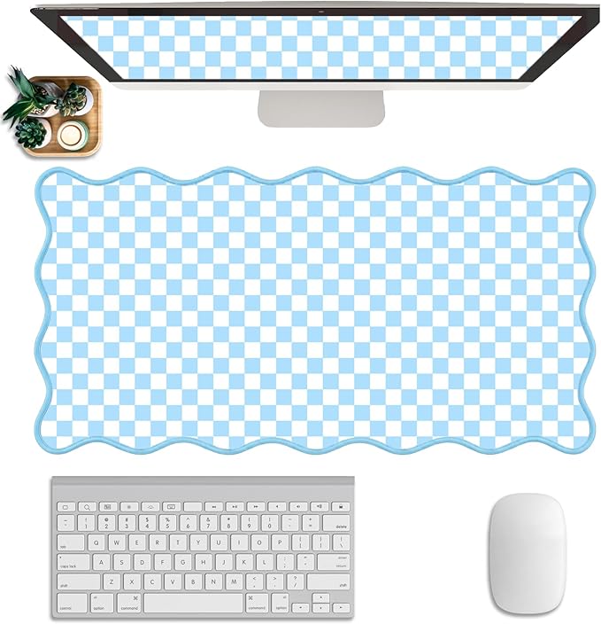 Scalloped Desk Mat Extended Large Cute Mouse Pad Big Desk Pad XXL Aesthetic Kawaii Plaid Mousepad Checkered Mouse Pad for Keyboard Computer Laptop Home Office Accessories Girl 31.5X15.7Inch Blue