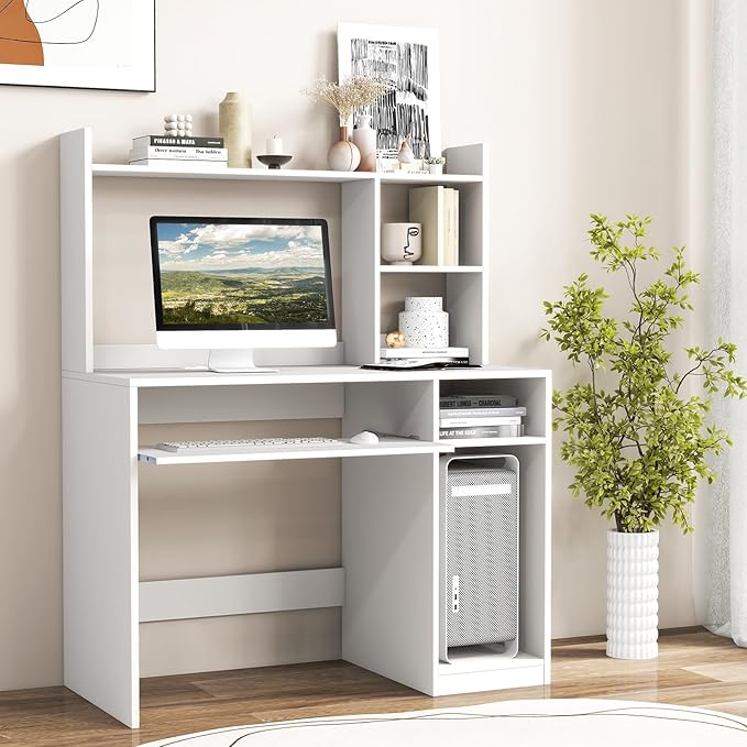 Tangkula White Desk with Hutch &Charging Station, Home Office Desk with Keyboard Tray & CPU Stand, Modern Laptop PC Desk, Space-Saving Writing Study Desk with Bookshelf, Ideal for Dorm Bedroom