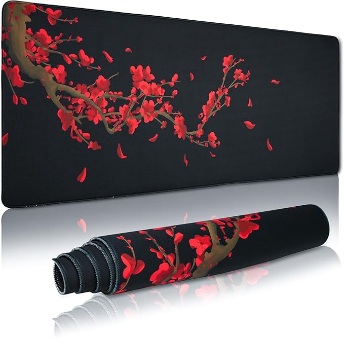 GMKWTL Large Gaming Mouse Pad for Desk, Black Plum Blossoms XXL Mouse Pad, 35.4x15.7 Inch, Waterproof, Non-Slip Rubber Base