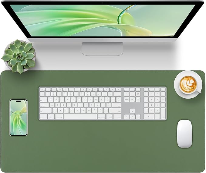 Olive Green Leather Desk Mat Large Mouse Pad, Waterproof Desk Pad for Keyboard and Mouse, Non-Slip Computer Desk Protector, Smooth Mouse Movement Desk Mat for Home and Office(35.4"×17")