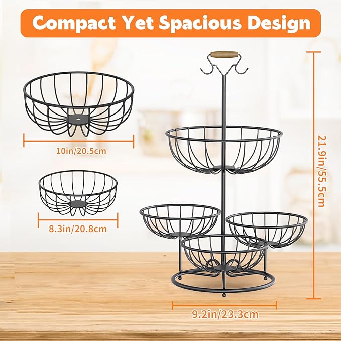 PouHenier.jh 4 Tier Fruit Bowl Basket with Banana Hangers, Kitchen Counter Metal Round Produce Holder, Stable Vegetable Countertop Stand Organizer, Corner Multi Tiered Storage Rack, Sturdy Base, Black