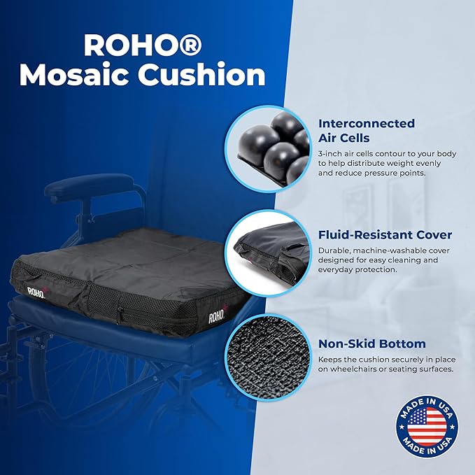 Roho Mosaic Seat Cushion 16” x 18” Inflatable Air Cell Design, Adjustable Firmness, Non-Skid Cover, Lightweight Portable Cushion for Wheelchair, Office Chair, Car & Home