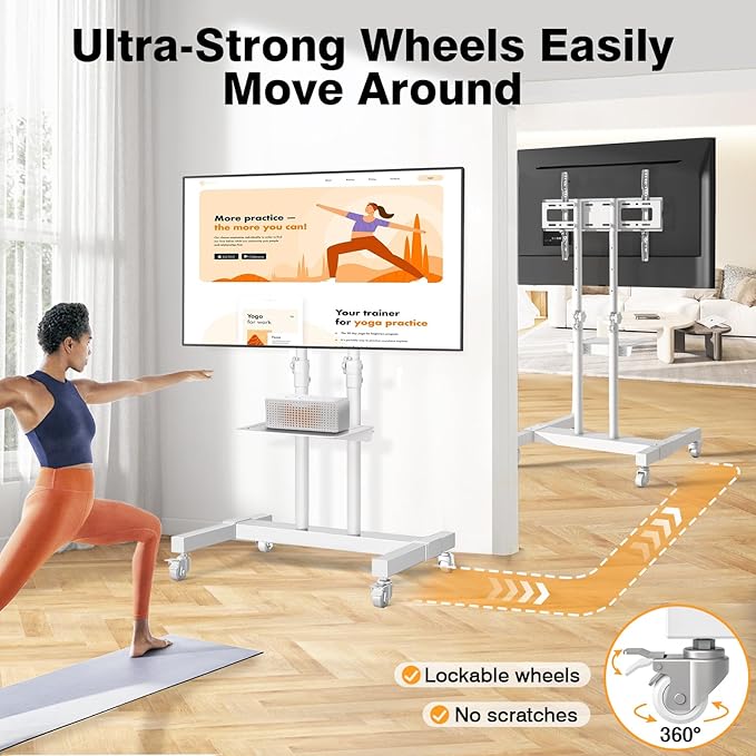 Mobile TV Stand Rolling TV Cart Floor Stand with Mount on Lockable Wheels Height Adjustable Shelf for 32-83 Inch TV Stand Flat Screen or Curved TVs Monitors Display Trolley Loading 110 lbs, White
