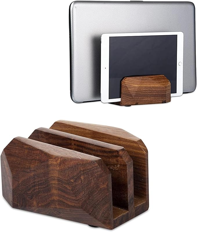 Premium Vertical Laptop Stand – Wooden Dock Compatible MacBook & Laptops | Dual Dock Slot | Ergonomic Desktop Holder & Space-Saving Office Desk Accessory (Indian Rosewood)