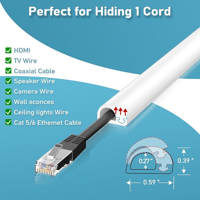 118" Cord Hider Wall, Self Adhesive Silicone Cord Covers for Wires On Wall, Cord Hider for Wall Mount TV, Flexible Cable Cover Raceway Kit for 1 Wire, White (0.59" W x 0.39" H)