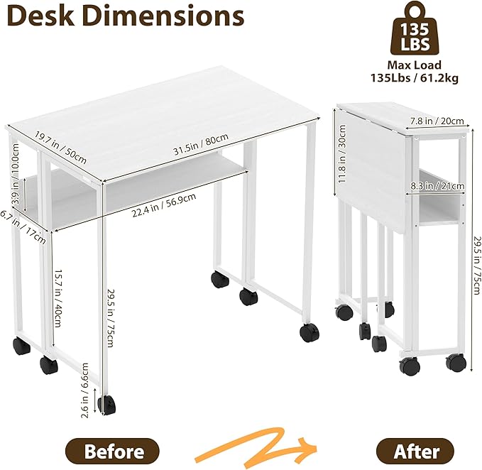 Folding Desk Small Rolling Desk with Storage Shelf,31.5 Inch Foldable Computer Table with Wheels,Portable Office Desk for Small Space Sofa Table,Easy to Fold,Writing Work Office Computer Desk,White