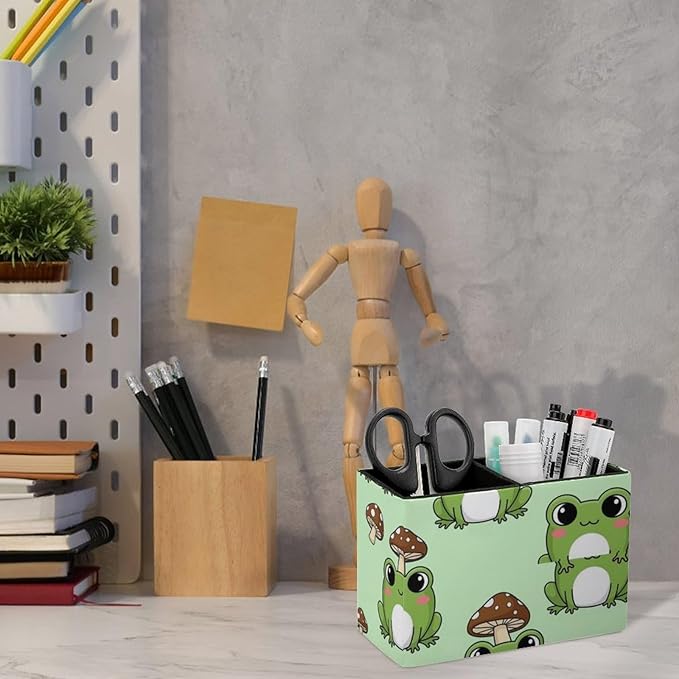 Square Pen Holder with Anti-Slip Bottom Cute Green Frog Mushroom, Practical and Chic Desk Organizer