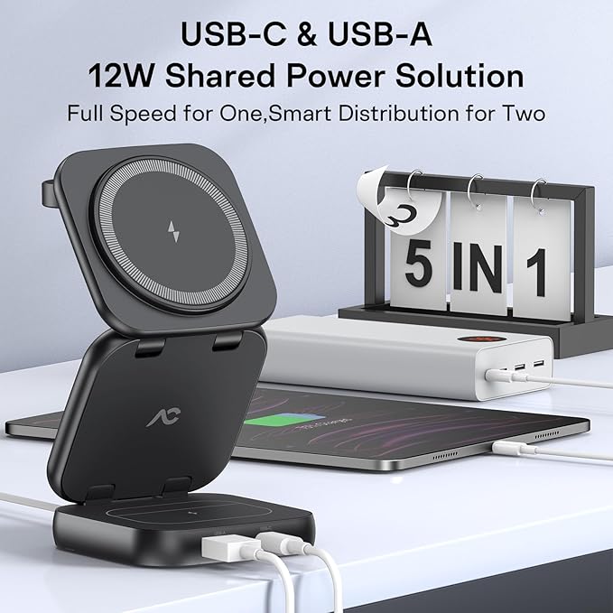 5-in-1 Wireless Charger for MagSafe, AC ISLAND Portable Travel Charging Station, 35W Max Qi2.2 Fast Foldable Magnetic Stand, Evolved for iPhone 17-12 Series, Apple Watch, AirPods (with 35W Adapter)