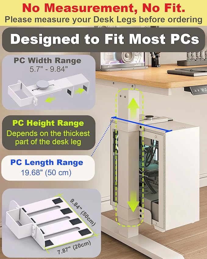 Under Desk PC Mount - No Drilling Heavy Duty 40 lbs Capacity, Adjustable Height and Width Clamp-on Desk Leg PC Mount for Standing Desks (Fits 75mm×45mm Legs only), with Non-Slip Pads, White