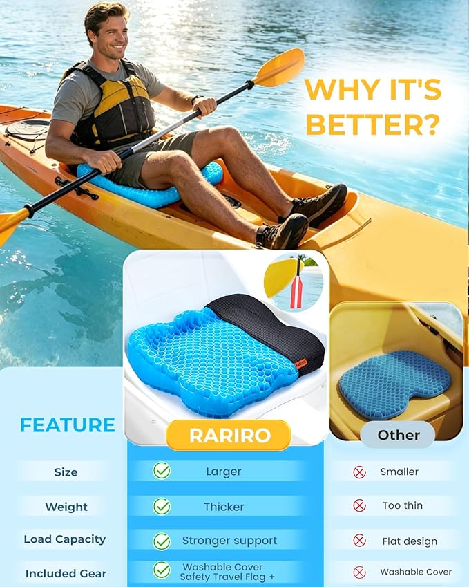 Premium Gel Kayak Seat Cushion, Thickened Non-Slip Waterproof Seat Pad, Breathable Universal Fit for Canoe Fishing Boat, Portable Washable Kayak Accessories, with Safety Travel Flag - Blue